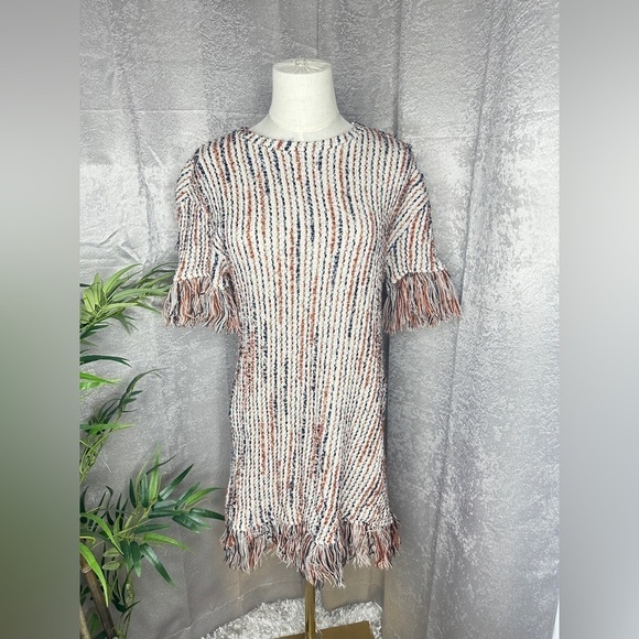 Zara Beige Tweed W/ Fringe Hem Mini Dress Sz M - Picture 3 of 11